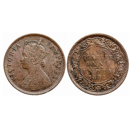 Victoria Empress, Copper Quarter Anna, 1882, Calcutta Mint, B/II, 'C' incused. GK 835. Alm