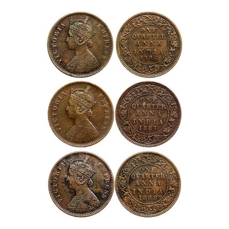 Victoria Empress, Copper Quarter Anna (3 Coins), 1886 (Edge nick on Obv & Rev), 1887, 1888
