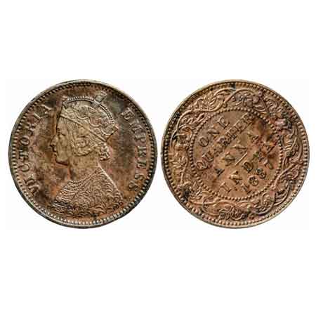 Victoria Empress, Copper Quarter Anna, 1887, Bombay Mint, B/I, No mint mark, Obverse 10'o 