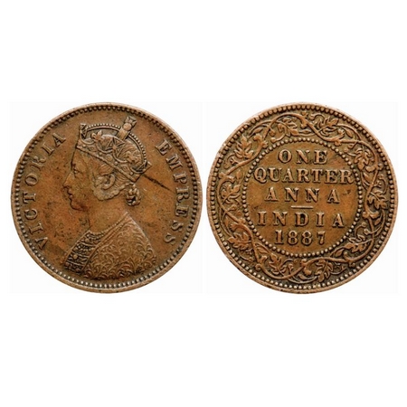 Victoria Empress, Copper Quarter Anna, 1887, Bombay Mint, B/I, No mint mark. GK 843. Very