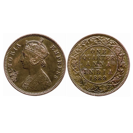 Victoria Empress, Copper Quarter Anna, 1889, Bombay Mint, B/I, No mint mark. GK 847. Extre
