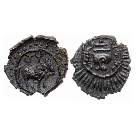 Pallavas of Kanchi, Bronze Unit, 2.56gm 17.50mm, Obv: Humped Bull walking to right Brahi l