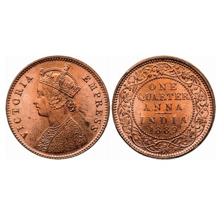 Victoria Empress, Copper Quarter Anna, 1889, Calcutta Mint, B/II, No mint mark, Ghost on R