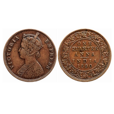 Victoria Empress, Copper Quarter Anna, 1890, Calcutta Mint, B/II, No mint mark. GK 849. Ab