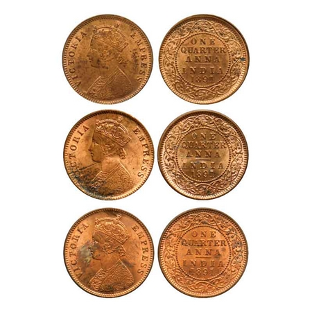 Victoria Empress, Copper Quarter Anna (3 Coins), 1891, Calcutta Mint, B/II, no mint mark. 