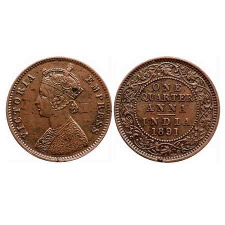 Victoria Empress, Copper Quarter Anna, 1891, Calcutta Mint, B/II, No mint mark. GK 850. Ex
