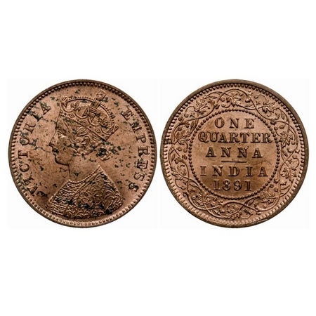Victoria Empress, Copper Quarter Anna, 1891, Calcutta Mint, B/II, No mint mark, Die crack 