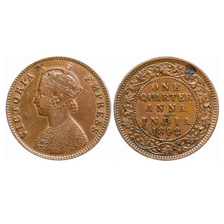 Victoria Empress, Copper Quarter Anna, 1892, Calcutta Mint, B/II, No mint mark, Ghost on R