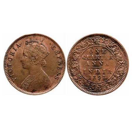 Victoria Empress, Copper Quarter Anna, 1893, Calcutta Mint, B/II, No mint mark. GK 852. Ex