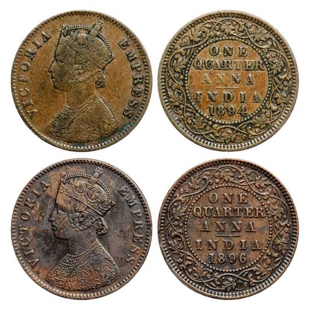 Victoria Empress, Copper Quarter Anna (2 Coins), 1894, 1896, Calcutta Mint, B/II, No mint 