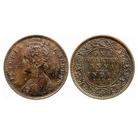 Victoria Empress, Copper Quarter Anna, 1894, Calcutta Mint, B/II, No mint mark. GK 853. Ab