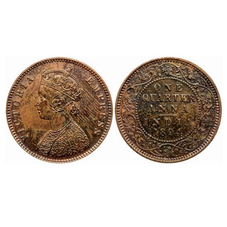 Victoria Empress, Copper Quarter Anna, 1894, Calcutta Mint, B/II, No mint mark, Die crack 