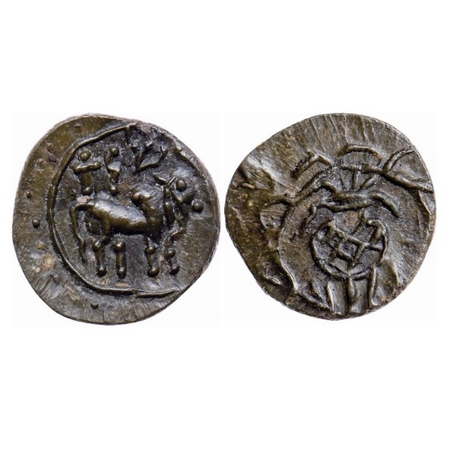Pallavas of Kanchi, Bronze Unit, 1.03gm 14.26mm, Obv: Humped Bull walking to right above B