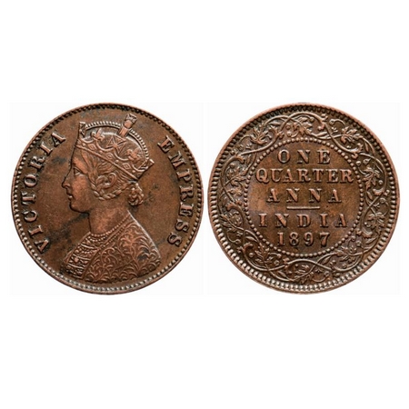 Victoria Empress, Copper Quarter Anna, 1897, Calcutta Mint, B/II, No mint mark. GK 856. Ab