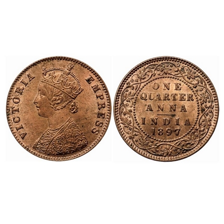 Victoria Empress, Copper Quarter Anna, 1897, Calcutta Mint, B/II, No mint mark, Die crack 