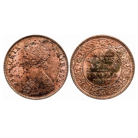 Victoria Empress, Copper Quarter Anna, 1897, Calcutta Mint, B/II, No mint mark. GK 856. Un