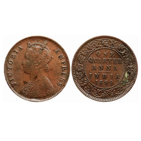 Victoria Empress, Copper Quarter Anna, 1899, Calcutta Mint, B/II, No mint mark. GK 858. Ab