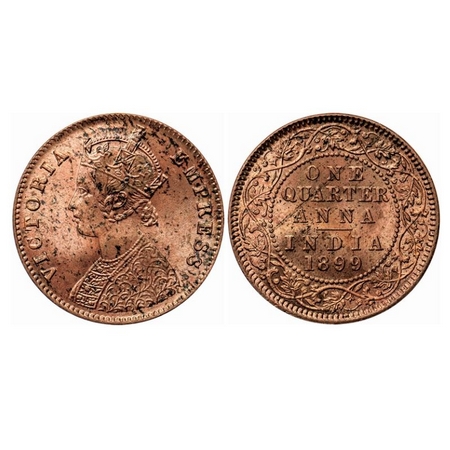 Victoria Empress, Copper Quarter Anna, 1899, Calcutta Mint, B/II, No mint mark. GK 858. Br