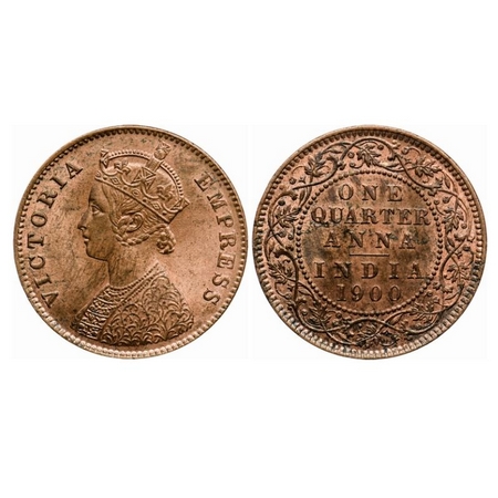 Victoria Empress, Copper Quarter Anna, 1900, Calcutta Mint, B/II, No mint mark, Die cracks