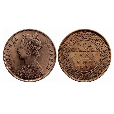 Victoria Empress, Copper Quarter Anna, 1900, Calcutta Mint, B/II, No mint mark, Die crack 