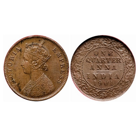 Victoria Empress, Copper Quarter Anna, 1901, Calcutta Mint, B/II, No mint mark. GK 860. AM