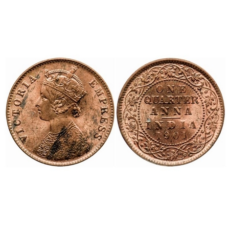 Victoria Empress, Copper Quarter Anna, 1901, Calcutta Mint, B/II, No mint mark. GK 860. Un