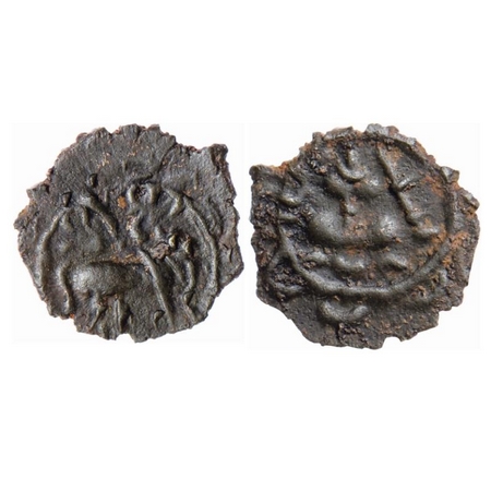 Pallavas of Kanchi, Bronze Unit, 2.56gm 14.46mm, Obv: Humped Bull walking to right Brahi l