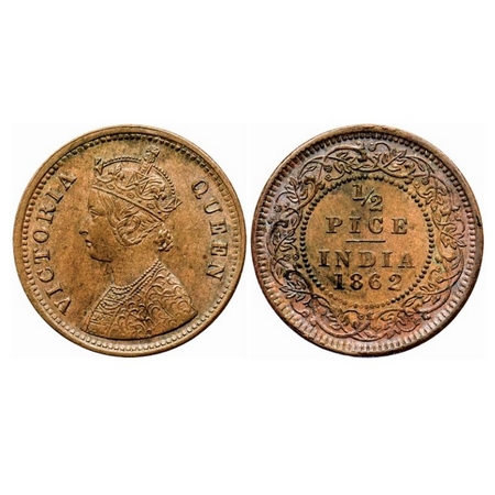 Victoria Queen, Copper 1/2 Pice, 1862, Calcutta Mint, A/I. GK 401. Extremely Fine. Scarce.