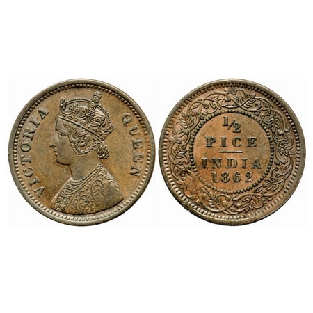 Victoria Queen, Copper 1/2 Pice, 1862, Calcutta Mint, A/I. GK 401. Extremely Fine. Scarce.