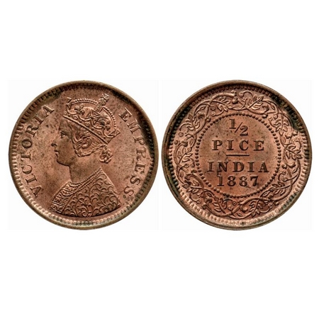 Victoria Empress, Copper 1/2 Pice, 1887, Calcutta Mint, A/I, No mint mark. GK 867. Uncircu