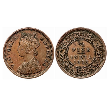 Victoria Empress, Copper 1/2 Pice, 1888, Calcutta Mint, A/I, No mint mark, Dent on cheek b