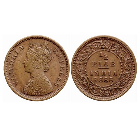 Victoria Empress, Copper 1/2 Pice, 1888, Calcutta Mint, A/I, No mint mark, Many nicks on t