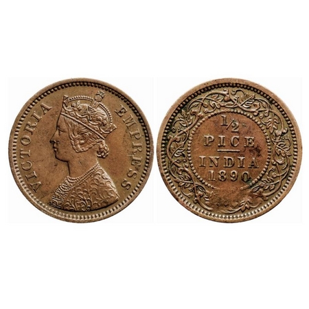 Victoria Empress, Copper 1/2 Pice, 1890, Calcutta Mint, A/I, No mint mark. GK 870. Extreme
