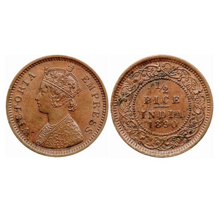 Victoria Empress, Copper 1/2 Pice, 1890, Calcutta Mint, A/I, No mint mark. GK 870. About E