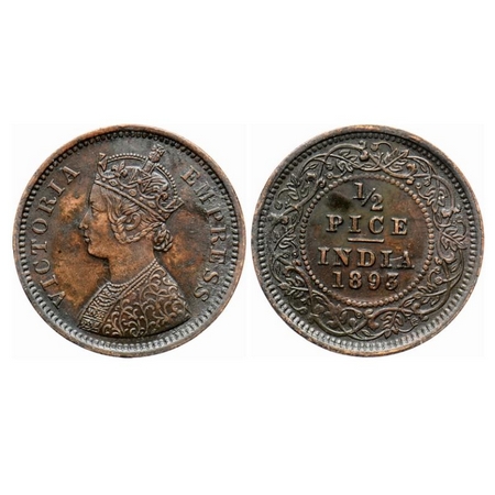 Victoria Empress, Copper 1/2 Pice, 1893, Calcutta Mint, A/I, No mint mark, Ghost on Rev, L
