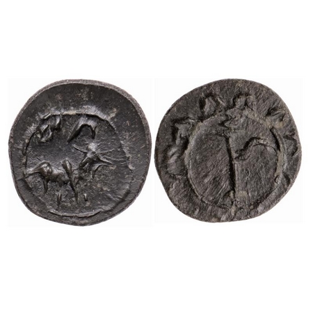 Pallavas of Kanchi, Bronze Unit, 1.64gm 16.00mm, Obv: Crude representation of Bull walking