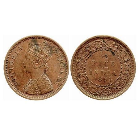 Victoria Empress, Copper 1/2 Pice, 1894, Calcutta Mint, A/I, No mint mark, Ghost on Rev. G