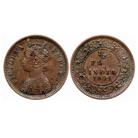 Victoria Empress, Copper 1/2 Pice, 1894, Calcutta Mint, A/I, No mint mark, Ghost on Rev, L