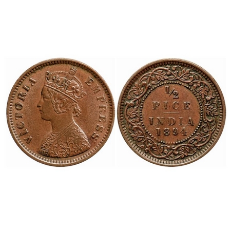 Victoria Empress, Copper 1/2 Pice, 1894, Calcutta Mint, A/I, No mint mark. GK 874. Extreme