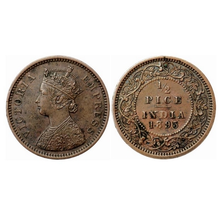 Victoria Empress, Copper 1/2 Pice, 1895, Calcutta Mint, A/I, No mint mark. GK 875. Extreme
