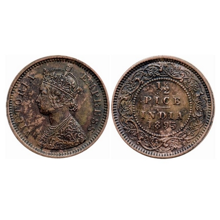 Victoria Empress, Copper 1/2 Pice, 1895, Calcutta Mint, A/I, No mint mark. GK 875. Extreme