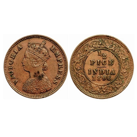 Victoria Empress, Copper 1/2 Pice, 1896, Calcutta Mint, A/I, No mint mark. GK 876. About E