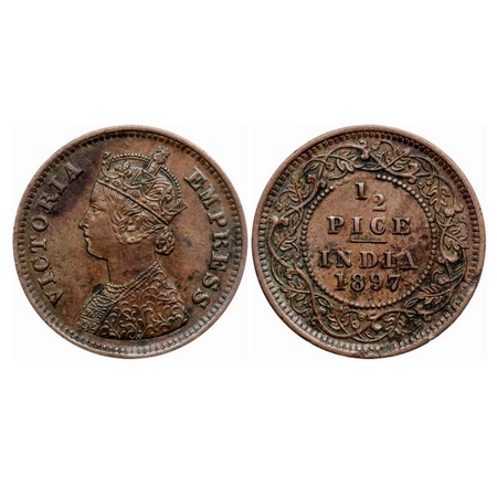 Victoria Empress, Copper 1/2 Pice, 1897, Calcutta Mint, A/I, No mint mark, Ghost on Rev. G