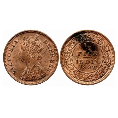 Victoria Empress, Copper 1/2 Pice, 1897, Calcutta Mint, A/I, No mint mark, Ghost on Rev, L
