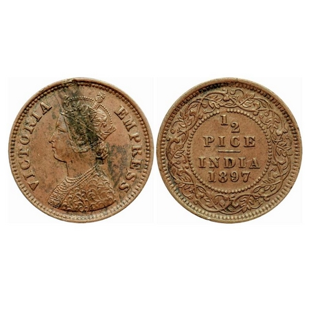Victoria Empress, Copper 1/2 Pice, 1897, Calcutta Mint, A/I, No mint mark, Ghost on Rev, L