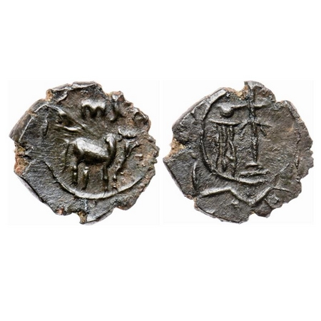 Pallavas of Kanchi, Bronze Unit, 1.54gm 15.85mm, Kumbakonam Area, Obv: Bull standing facin