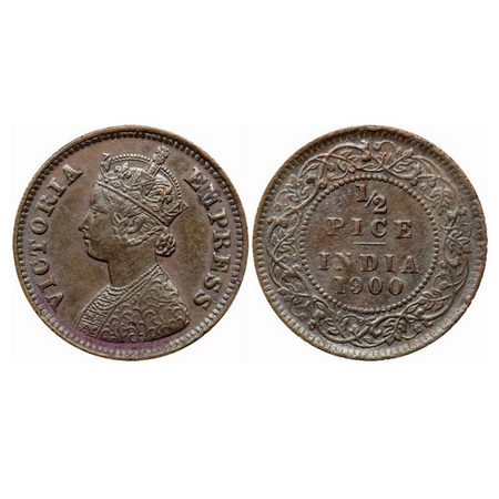 Victoria Empress, Copper 1/2 Pice, 1900, Calcutta Mint, A/I, No mint mark. GK 880. About V