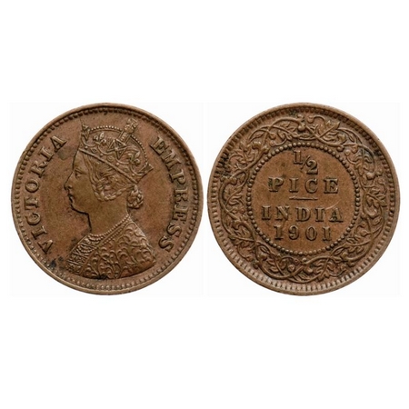 Victoria Empress, Copper 1/2 Pice, 1901, Calcutta Mint, A/I, No mint mark, Die crack on Ob