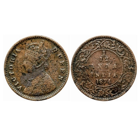 Victoria Queen, Copper 1/12 Anna, 1874, Calcutta Mint, No mint mark. GK 882. About Very Fi