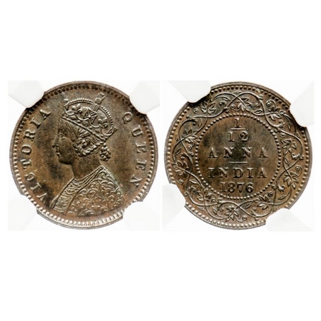 Victoria Queen, Copper 1/12 Anna, 1876, Calcutta Mint. GK 888. NGC Slabbed MS 61 BN. Rare.